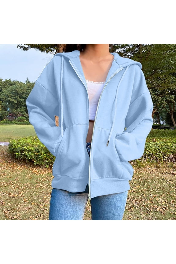 zip up hoodies oversized sweatshirt for women Long Sleeve Jacket with Pockets and Drawstring Light Blue,M