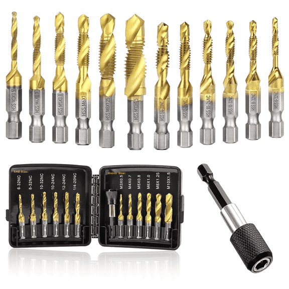 Charext Drill Tap Set with Quick-Change Adapter of 13Pcs, 6 SAE Sizes: 6-32NC to 1/4-20NC, 6 Metric Sizes: M3 to M10, Titanium Combination Drill & Tap Bit Set for Drilling Threads, Tapping