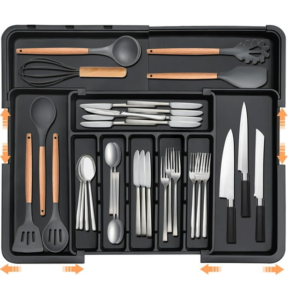 CharextSilverware Organizer Expandable Kitchen Utensil Drawer Organizer Large BPA Free Adjustable Cutlery Silverware Tray for Spoons Forks Knives Storage Divider for Kitchen Flatware 6-9 Slots Black