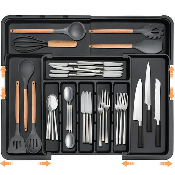 CharextSilverware Organizer Expandable Kitchen Utensil Drawer Organizer Large BPA Free Adjustable Cutlery Silverware Tray for Spoons Forks Knives Storage Divider for Kitchen Flatware 6-9 Slots Black