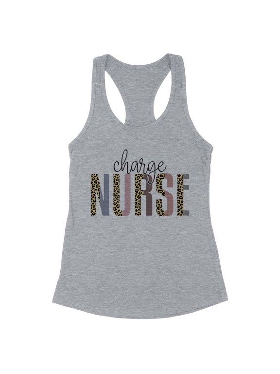 Charge Nurse Leopard Print Tank Top Fitted Racerback Women's X-Small Heather Grey