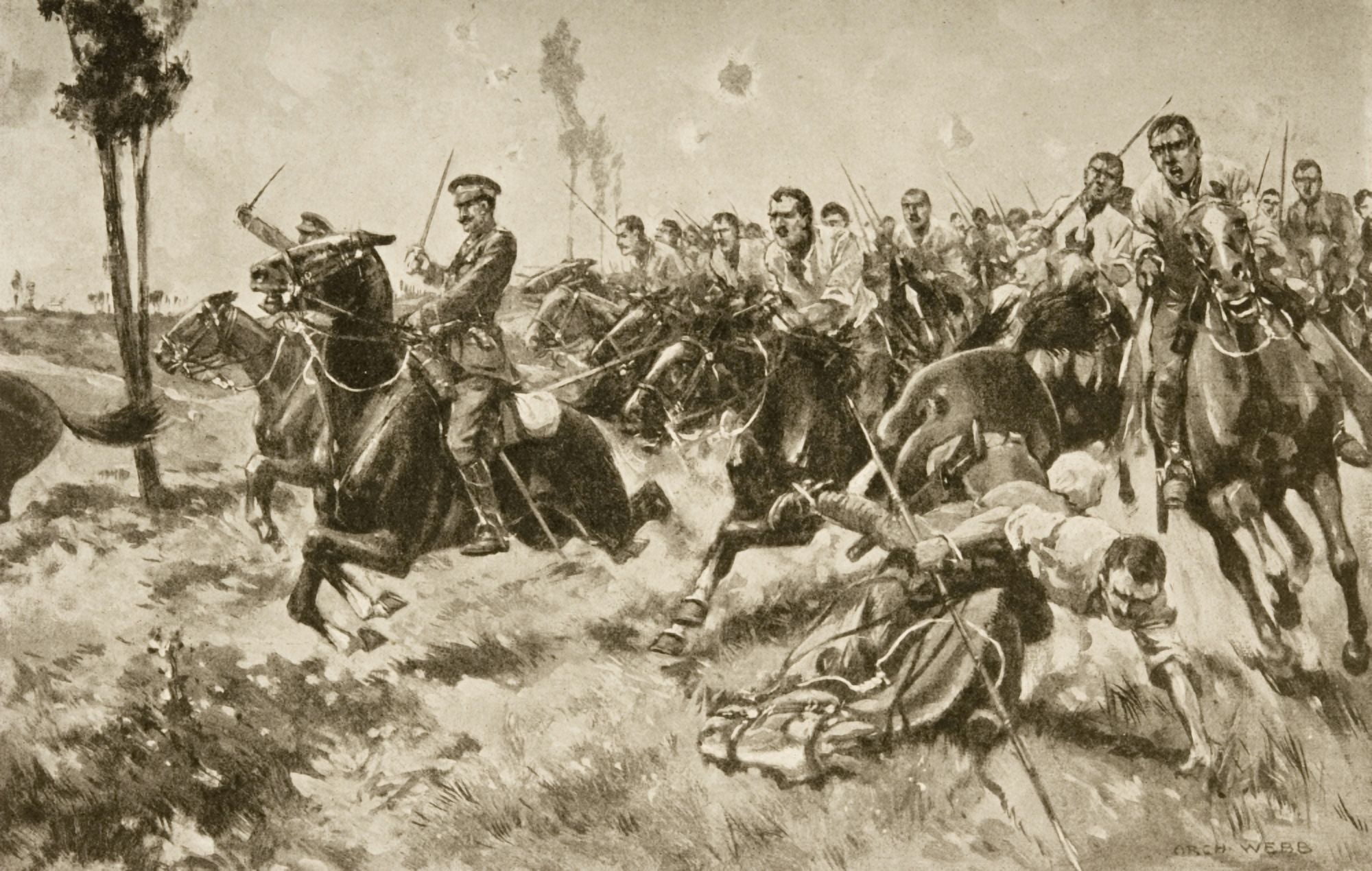 Charge Of The 9Th Lancers To Save The Guns At Mons Drawn By Archibald Webb Canvas Art - Ken Welsh Design Pics (17 x 11)