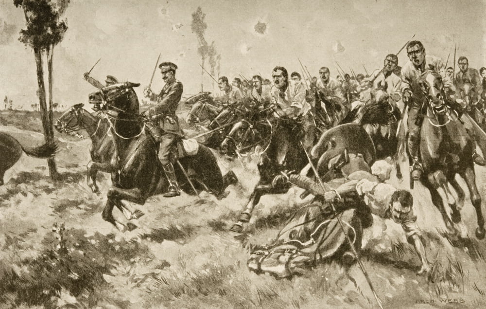 Charge Of The 9Th Lancers To Save The Guns At Mons Drawn By Archibald Webb Canvas Art - Ken Welsh Design Pics (34 x 22)