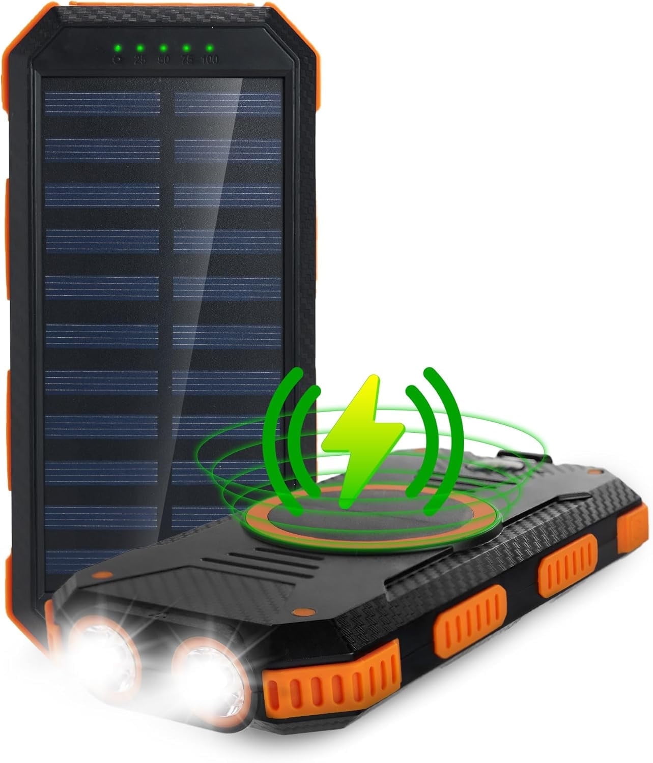 Chargeworx Solar Power Bank and Wireless Charger, 15,000 mAh Battery Pack with Dual LED Flashlight