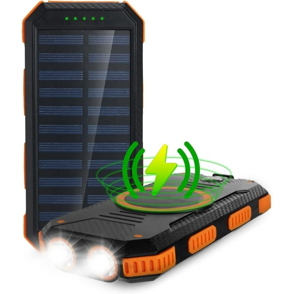 Chargeworx Solar Power Bank and Wireless Charger, 15,000 mAh Battery Pack with Dual LED Flashlight