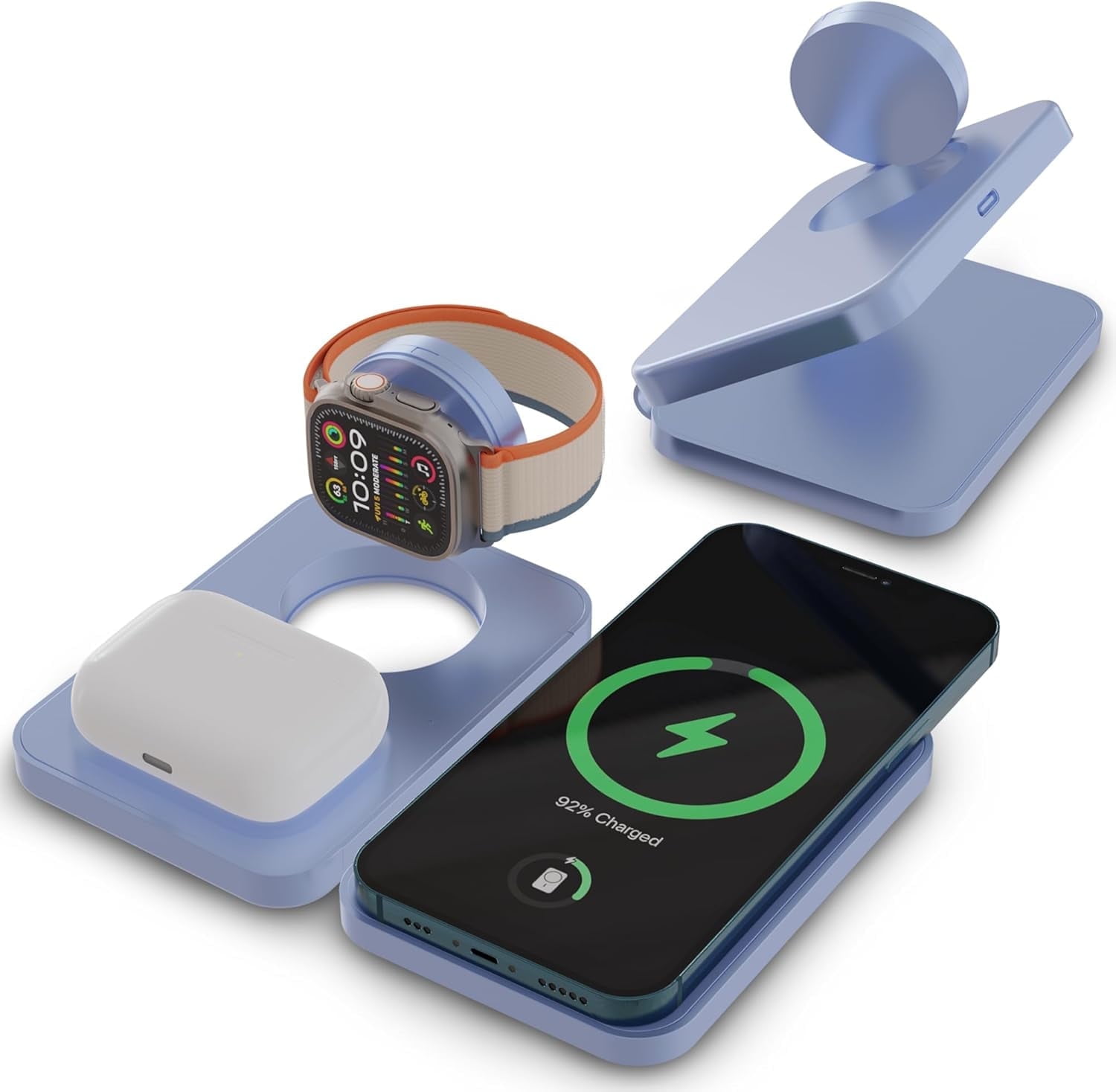 Chargeworx 3-in-1 Wireless Charger, Foldable Magnetic Charging Station, 15W, Blue