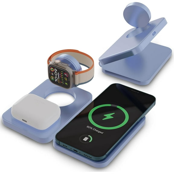 Chargeworx 3-in-1 Wireless Charger, Foldable Magnetic Charging Station, 15W, Blue