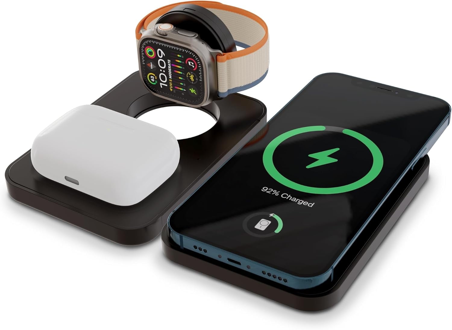ChargeWorx 3-in-1 Wireless Charger, Foldable Magnetic Charging Station with 15-Watt Fast Charging, Compatible with iPhone, Samsung, and Other Phones, Smartwatches, and Headphones, Black