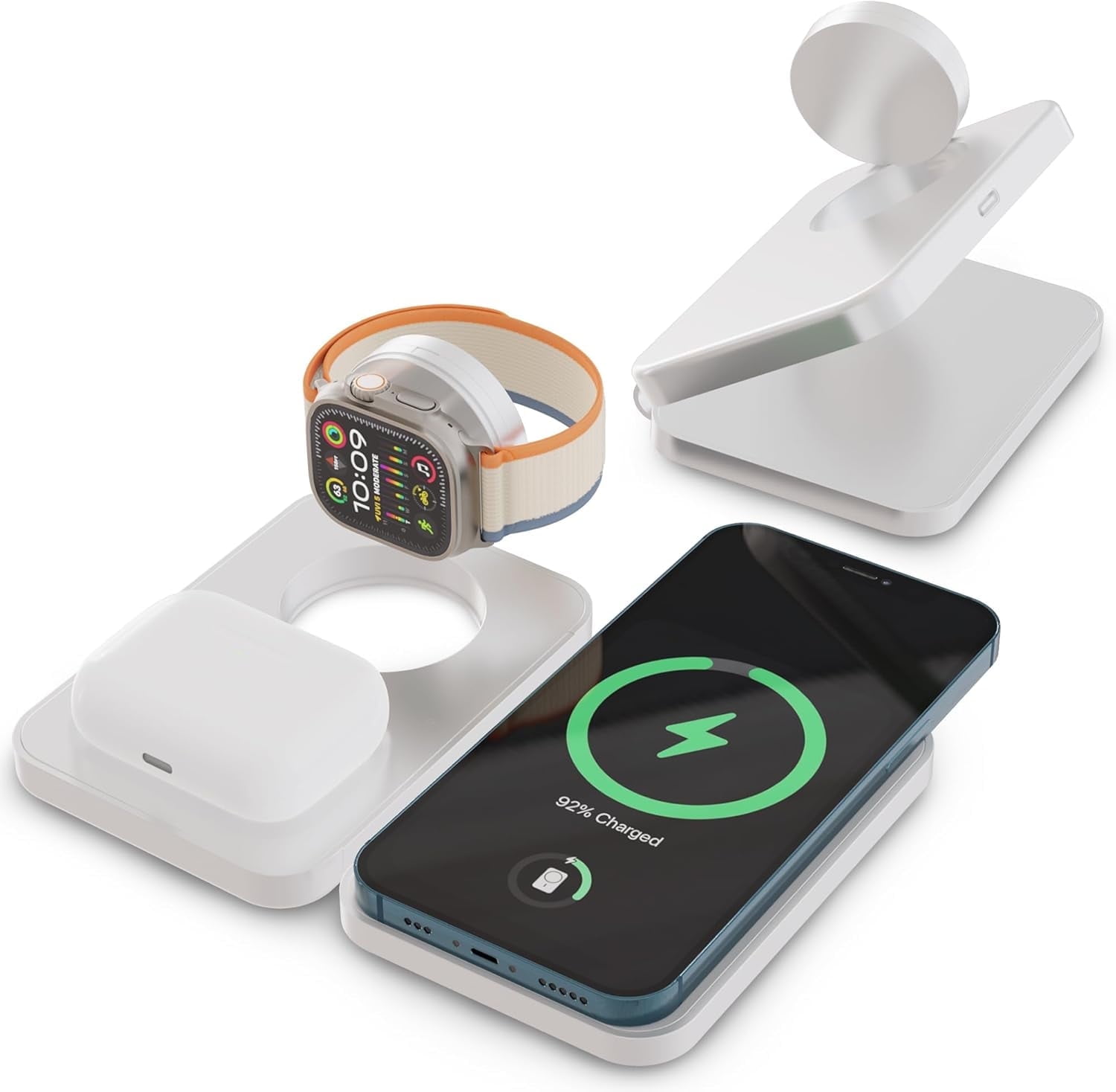 ChargeWorx 3-in-1 Wireless Charger, Foldable Magnetic Charging Station with 15-Watt Fast Charging, Compatible with iPhone, Samsung, and Other Phones, Smartwatches, and Headphones, White