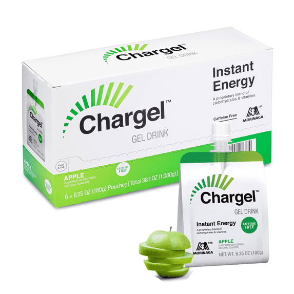 Chargel Apple, Caffeine-Free Instant Energy Gel for Running, Biking, Workout, Hiking and Endurance | Carbs Vitamins | Gluten Free - Pack of 6 Pouches - 6.35oz each
