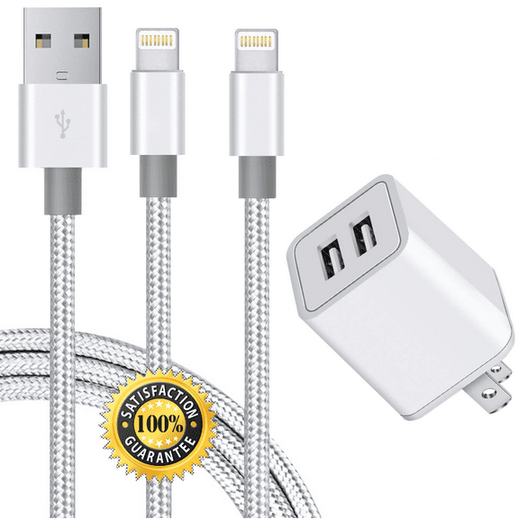 Charger, 2-Pack 10FT/3M Epacks Nylon Braided Fast Charging Cord Data Sync Transfer Cable USB Wall Charger Dual Port Plug Power Adapter Compatible with , Mobile Digital Device, Silver