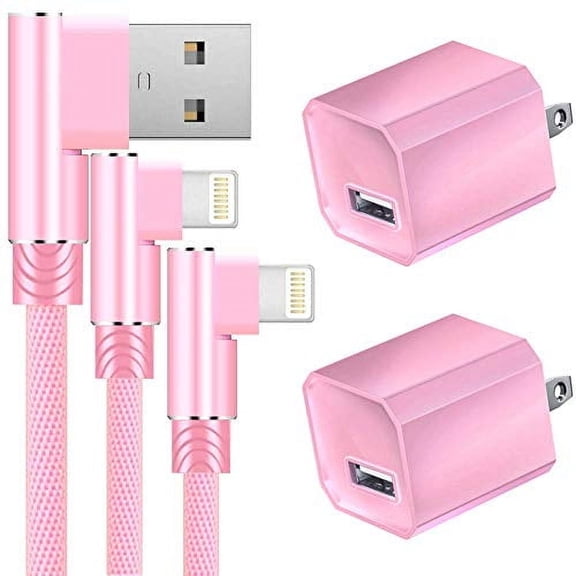 Charger, 2-Pack 6FT/2M Nylon Braided 90 Degree Fast Charging Cord Data Sync Transfer Cable USB Wall Charger 5V Power Adapter Compatible with Apple iPhone, iPod Mobile Digital Device, Pink