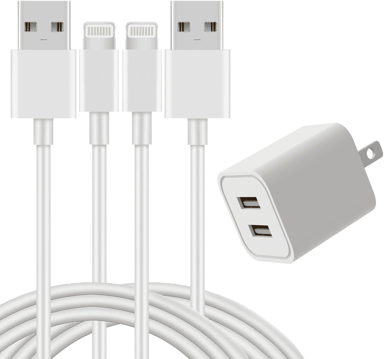 Charger, 2-Port Power Adapter 2.1A Cube with 2-Pack 6FT TPU Charging Charge Cable Cords Compatible with iPhone X/8 Plus/7 Plus/6S/6 Plus/ 6S Plus/5/5S/5C/XS/XR/XS Max/iPad Case - White