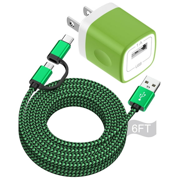 Charger Block, 2 in 1 USB C&Micro Charging Cable 6FT with USB Charger Plug, Type C Charger Fast Charging Wall Charger Adapter Power Base USB Brick Cube Box Compatible for Samsung Android, Green