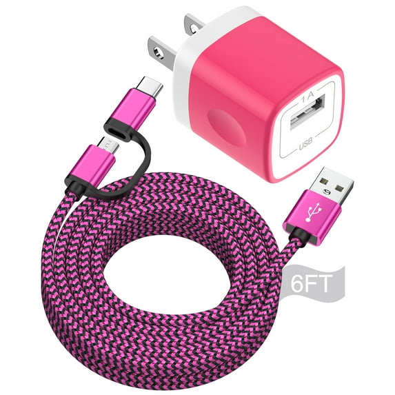 Charger Block, 2 in 1 USB C&Micro Charging Cable 6FT with USB Charger Plug, Type C Charger Fast Charging Wall Charger Adapter Power Base USB Brick Cube Box Compatible for Samsung Android, Pink