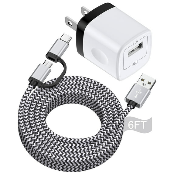 Charger Block, 2 in 1 USB C&Micro Charging Cable 6FT with USB Charger Plug, Type C Charger Fast Charging Wall Charger Adapter Power Base USB Brick Cube Box Compatible for Samsung Android, White
