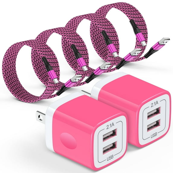 Charger Block,2 Pack 2.1A Dual Port USB C Charger Block Fast Charging with 4pcs Type C Cable 6FT,Type C Charging Block USB Brick Cube Wall Charger Adapter Phone Chargers Compatible for Android,Pink