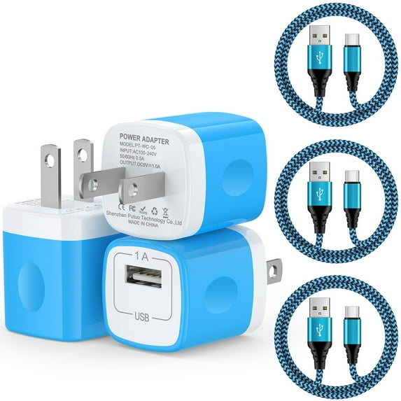 Charger Block, 3 Pack USB C Charger Block with 6FT Type C Cable, Charging Block Type C Block USB Brick Cube USB C Wall Charger Adapter Fast Charging Station Compatible for Android Charger, Blue