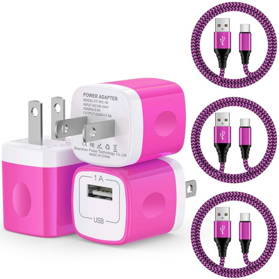 Charger Block, 3 Pack USB C Charger Block with 6FT Type C Cable, Charging Block Type C Block USB Brick Cube USB C Wall Charger Adapter Fast Charging Station Compatible for Android Charger, Pink