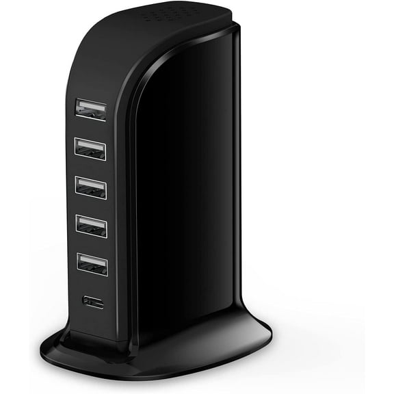 Charger Block 6 in 1, 40W USB C Charger 3A, Charging Hub with 5 USB Ports(Shared 6A) for Multiple Electronics, USB Charging Station Multiports, Universal Desktop Phone Charger Travel Ready, Black