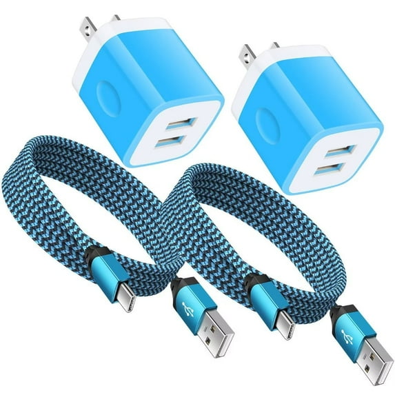 Charger Block,AILKIN 2PACK USB Wall Charger Block and 2PACK Android Type C Usb C Charging Cables 6ft 2.1A Dual Port USB Wall Charger Block Plug Phone Charger Android Fast Charger Block,Blue