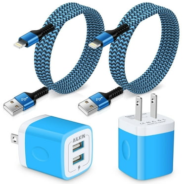 Charger Block,AILKIN USB Charger Adapter Wall Charger Plug 2.1A Dual Port Charger Blocks with 2Pack Fast Charging Cords 6ft Compatible with iPhone 14/13/12/11,Blue