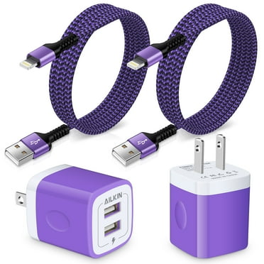 Charger Block,AILKIN USB Charger Adapter Wall Charger Plug 2.1A Dual Port Charger Blocks with 2Pack Fast Charging Cords 6ftCompatible with iPhone 14/13/12/11,Purple