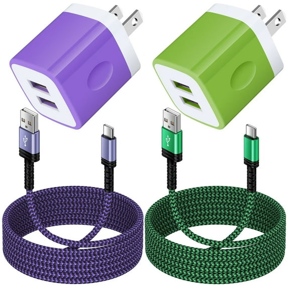 Charger Block,FiveBox 2pcs 2.1A Dual USB Charger Block with 2pcs Android Phone Type C Charger Cable USB C Charging Cable 6ft USB Wall Charger Block USB Brick Fast Charging Block(Purple,Green)