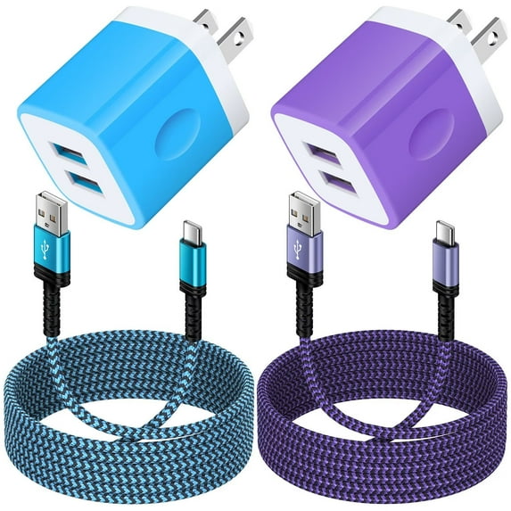 Charger Block,FiveBox 2pcs 2.1A Dual USB Charger Block with 2pcs Android Phone Type C Charger Cable USB C Charging Cable 6ft USB Wall Charger Block USB Brick Fast Charging Block(Purple,Blue)