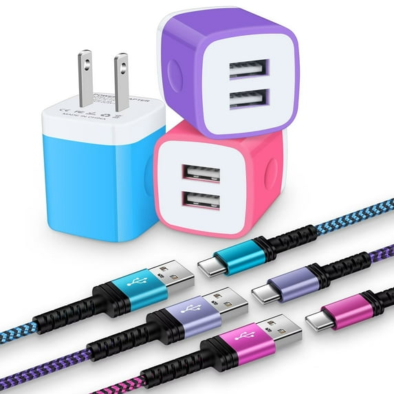 Charger Block,FiveBox 3pcs 2.1A Dual USB Charger Block with 3pcs Android Type C Charger Cable USB C Charging Cable 6ft USB Wall Charger Block USB Brick Fast Charging Block(Purple,Blue,Rose)