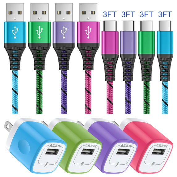 Charger Block,Type C 4PACK USB Wall Charger Block,AILKIN 4PACK Android Type C Usb C Charging Cables 3ft Charger Block Plug Adapter Phone Charger Cord Android Fast Charger Block