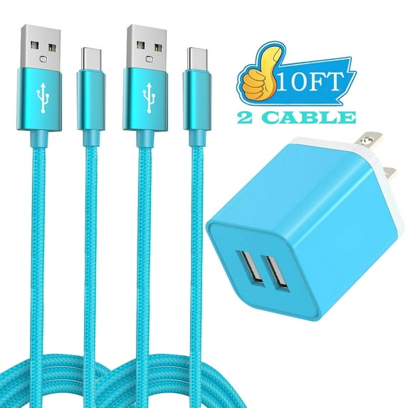 Charger Block,Type C Charger Fast Charging Cable 10 Feet,AlmosTen 2.4A Dual Port High Speed Android Phone Charger Block Box Cube Power Plug USB Wall Charger Adapter with (10ft Cable),Blue