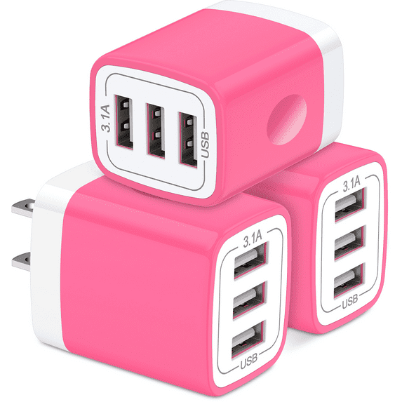 Charger Block,USB Wall Charger Adapter Plug,HopePow 5V/3.1A/3PACK Three Ports Wall Charger Block Fast Charging Block Android Phone Charger Block Brick for iPhone Wall Charger,Rose