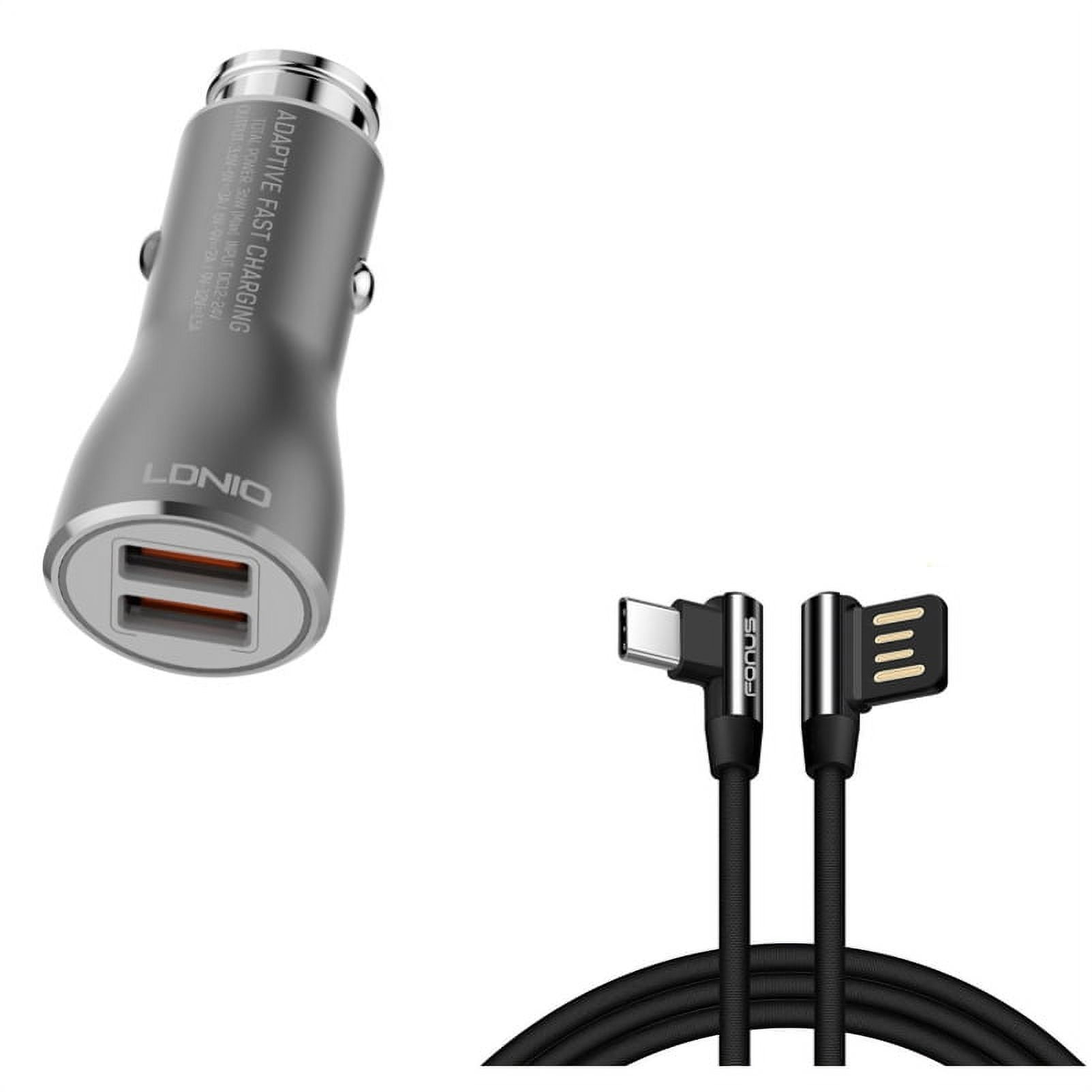 Charger Cord 6ft Type-C Angle USB Cable w 2-Port USB 36W Fast Car