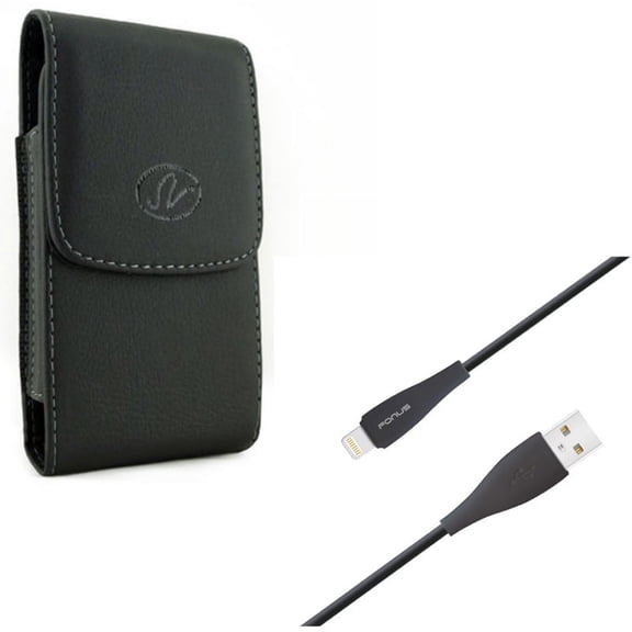 Charger Cord 6ft USB Cable w Leather Case Belt Clip for #model_series - Power Wire Long Sync Fast Charge and Holster Cover Pouch Vertical Carry