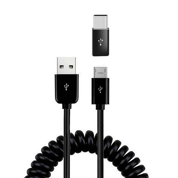Charger Cord Coiled USB Cable for Galaxy S21 FE 5G - Micro-USB to USB-C Adapter Power Wire Sync Black Compatible With Samsung Galaxy S21 FE 5G