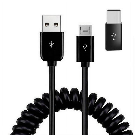 Charger Cord Coiled USB Cable for Google Pixel 9 Pro Fold - Micro-USB to USB-C Adapter Power Wire Sync Black