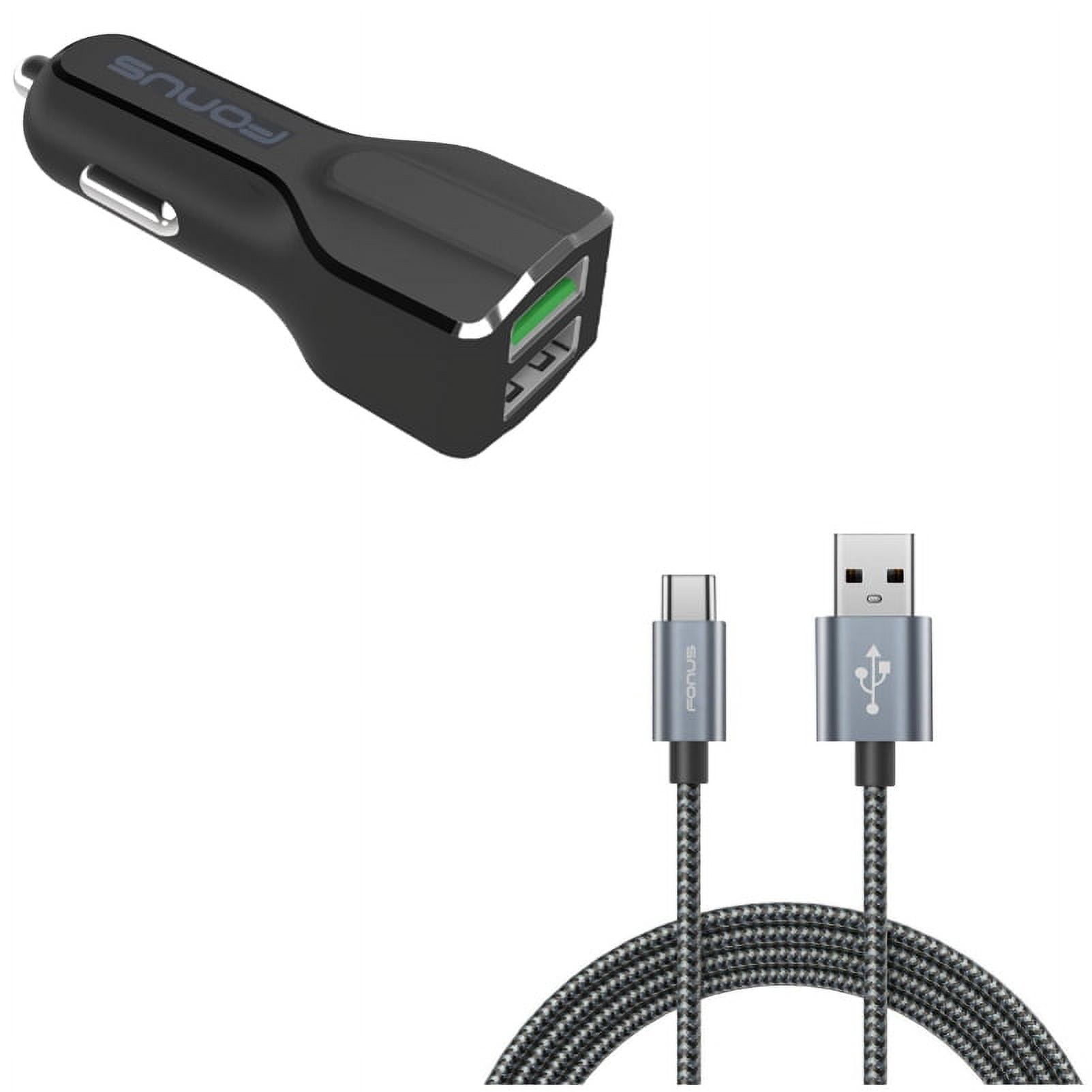 Charger Cord Type-C 10ft USB Cable w 2-Port USB 30W Car Charger N8P for Motorola Moto Z Force Droid X4, Revvlry Plus, G7 Power Play G6 - Nokia 3.1, 7.1, 8, Plus - OnePlus 5T, 6, 6T, 7 Pro