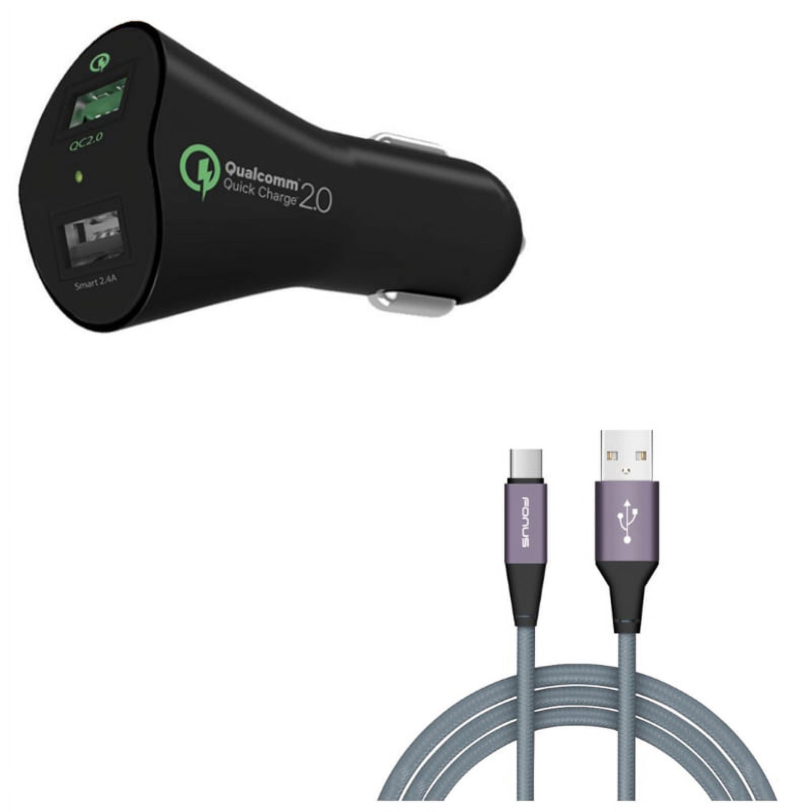 Charger Cord Type-C 10ft USB Cable w 2-Port USB 30W Fast Car Charger D9N for Motorola Moto Z3 Play Z2 Play Z Play Droid Force Droid X4, Revvlry Plus, G7 Power Play G6 - Nokia 3.1, 7.1, 8, Plus