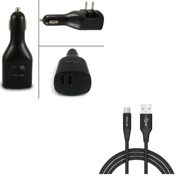 Charger Cord Type-C 10ft USB Cable w 2-in-1 2-Port USB Car Home Charger R2V for LG Q7 Plus, Google Nexus 5X, G8 ThinQ, G7 ThinQ, G Pad X II 10.1, Stylo 5 4 Plus - Microsoft Surface Go (10")