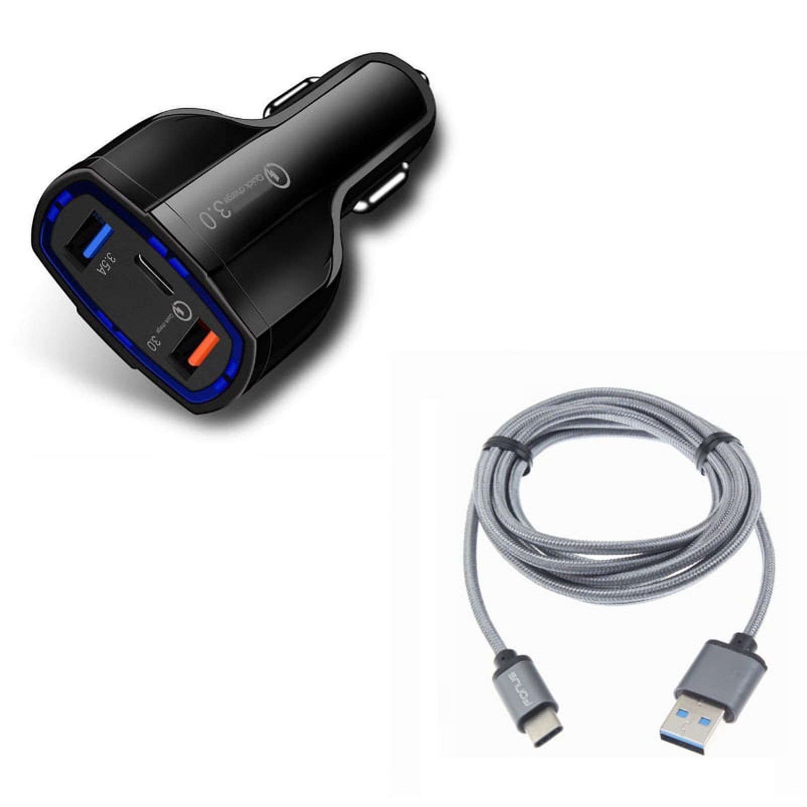 Charger Cord Type-C 10ft USB Cable w 3-Port USB 48W Quick Car Charger Y4V for Motorola One, Moto Z4 Z3 Play Z2 Play Z Play Droid Force Droid X4, Revvlry Plus, G7 Power Play G6 - Nokia 3.1, 7.1