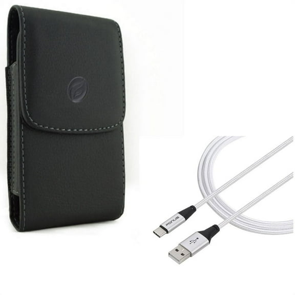 Charger Cord Type-C 10ft USB Cable w Holster Leather Case Belt Clip Q7Q for Motorola Moto Z2 Force Z Force Droid G7 - OnePlus 5T, 6, 6T - Razer Phone 2 - Samsung Galaxy S9 Plus S10 Plus A50