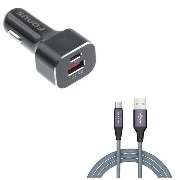 Charger Cord Type-C 6ft USB Cable w 2-Port USB 36W Quick Car Charger M5W for Lenovo Moto Tab (10.1) - LG G5, V20, G6, V30 V50 ThinQ 5G, V40 ThinQ, V35 ThinQ, Q7 Plus, Google Nexus 5X, G8 ThinQ