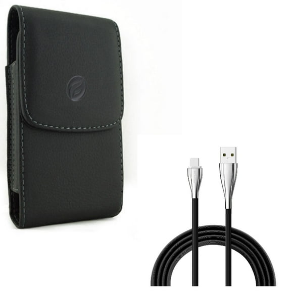 Charger Cord Type-C 6ft USB Cable w Holster Leather Case Belt Clip G8W for Motorola Moto Z2 Force Z Force Droid G7 - OnePlus 5T, 6, 6T - Razer Phone 2 - Samsung Galaxy S9 Plus S10 Plus A50