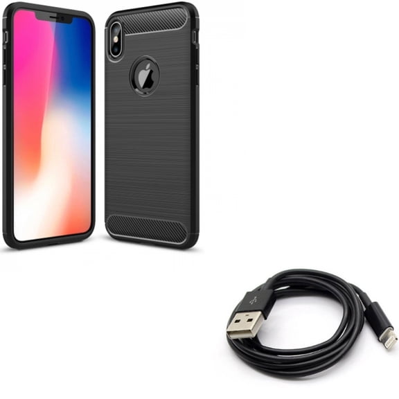 Charger Cord USB Cable w Carbon Fiber Case for iPhone XS Max - Power Wire Sync Fast Charge Data and Slim Fit Cover Reinforced Bumper Shock Absorbent Black