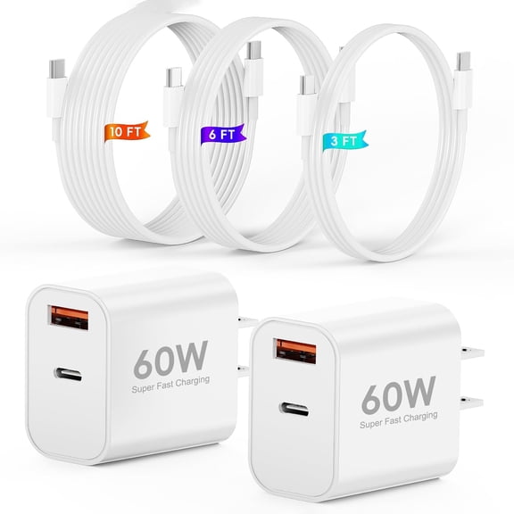 Charger Fast Charging,Dual Ports 60W USB C Charger Block with 3 Pack 10FT 6FT 3FT USB C Cable Cord for i-P-h-o-n-e 17/17 Pro/17 Pro Max/17 Air/16/16 Pro Max/16 Pro/16 Plus/15/15 Pro,Galaxy