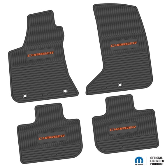 Charger Floor Mats 11-24 Dodge Charger AWD 4 Piece Custom Vintage Scene w/ Charger Insert - Black w/ Orange Insert FlexTread