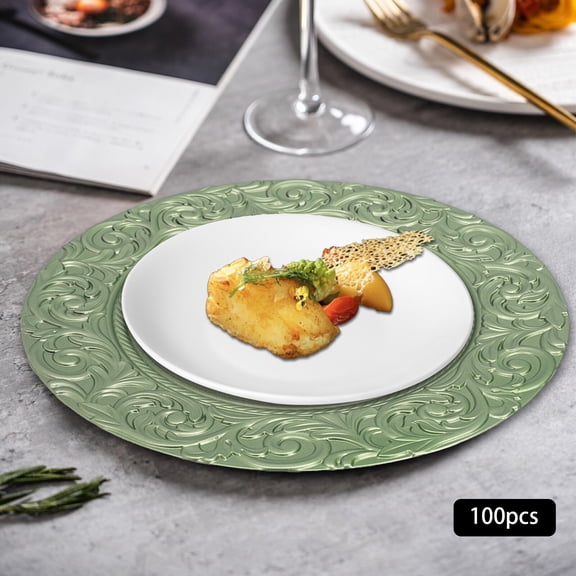 Charger Plate, 100 Pack Serving Charger Plates, Green Embossed Edge Dinner Plates, PP Material, Reusable, for Wedding, Party, Buffet, Catering, Table Decor
