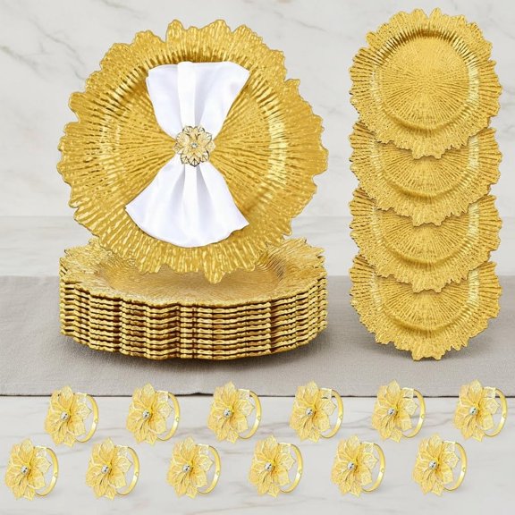 Charger Plate Bulk Floral Reef Plates with Napkin Ring Plastic Dinner Charger Hollow Out Flower Napkin Holder Plastic Plate for Table Setting Wedding Party (Gold)