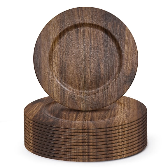 Charger Plates 12 Pack 13 Inch Rustic Dark Wood Grain Decorative Plastic Service Plates Reusable Tableware for Weddings Thanksgiving Christmas Home